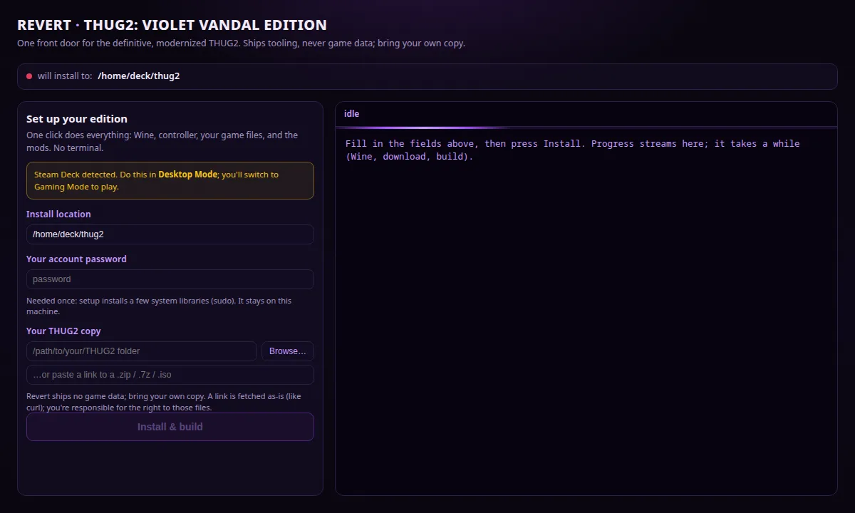 The Revert install wizard: install location, password, and game-source fields on the left, a live progress console on the right