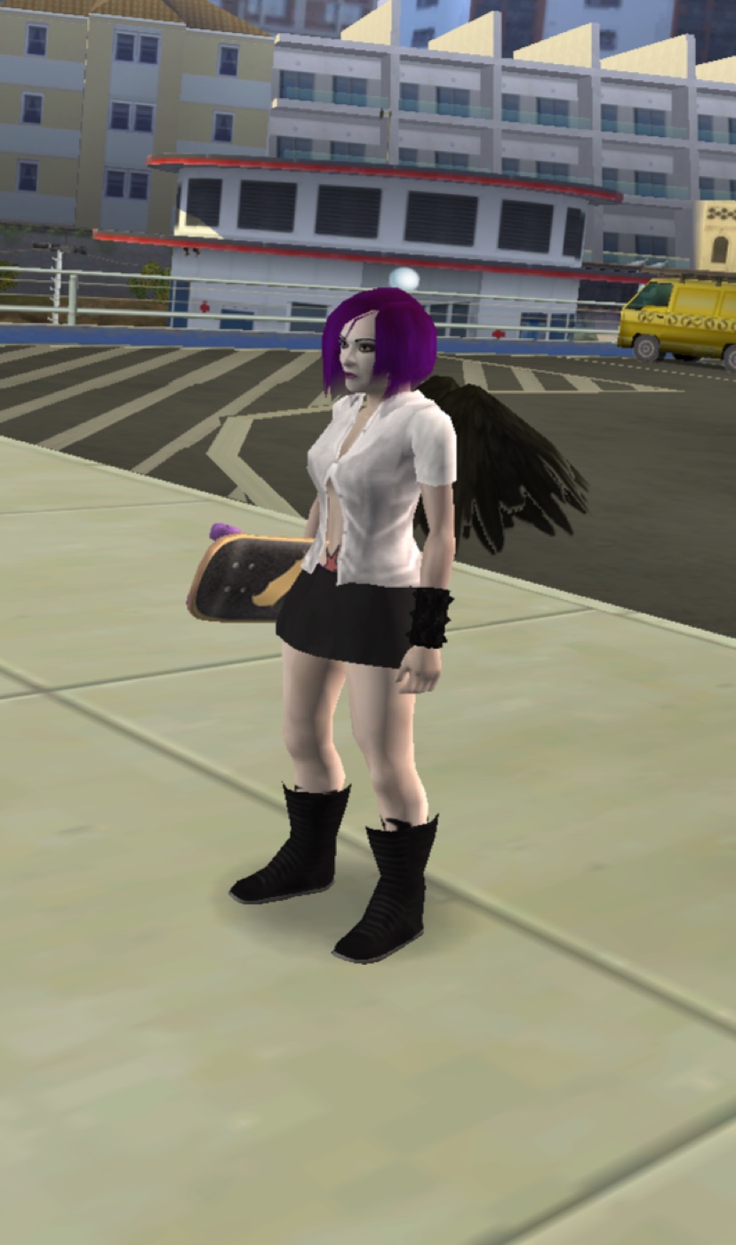 Full-body render of the Violet Vandal skater holding a board