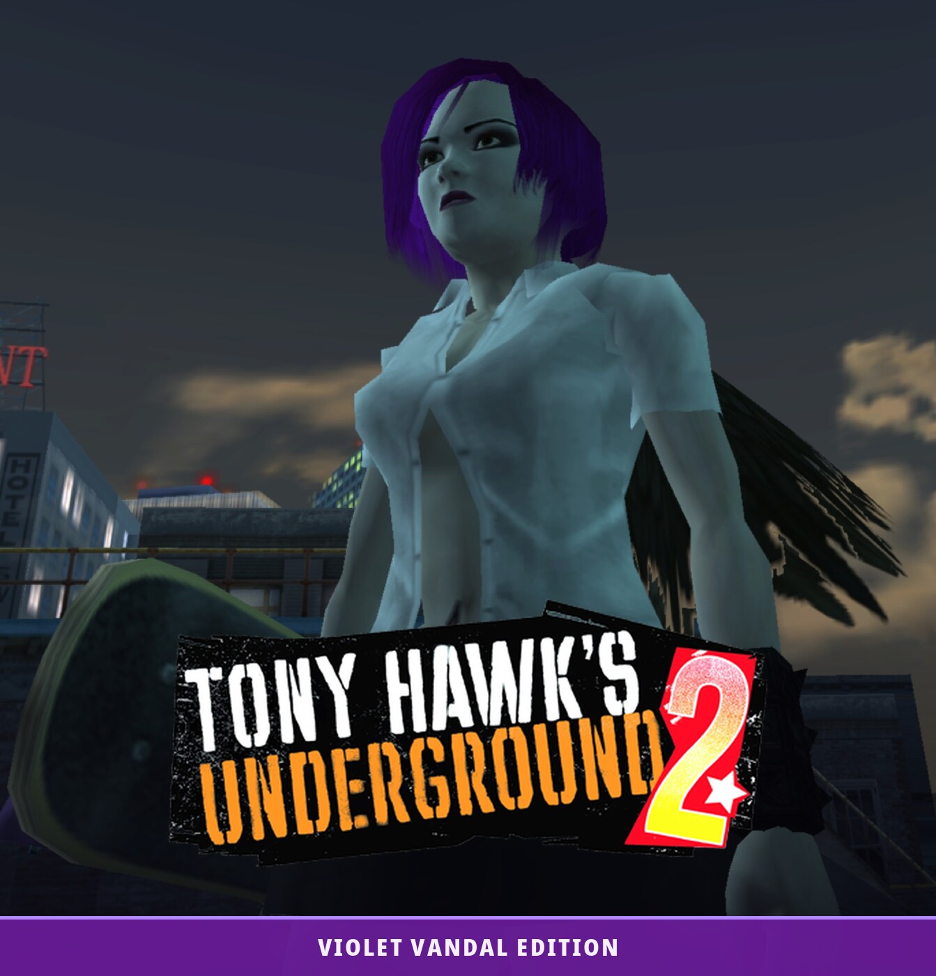 Key art for THUG2: Violet Vandal Edition: the goth skater below the Tony Hawk's Underground 2 title logo